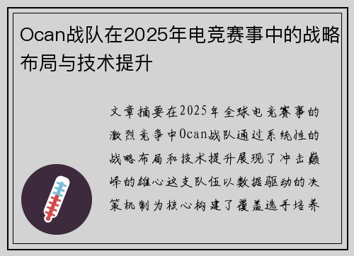 Ocan战队在2025年电竞赛事中的战略布局与技术提升